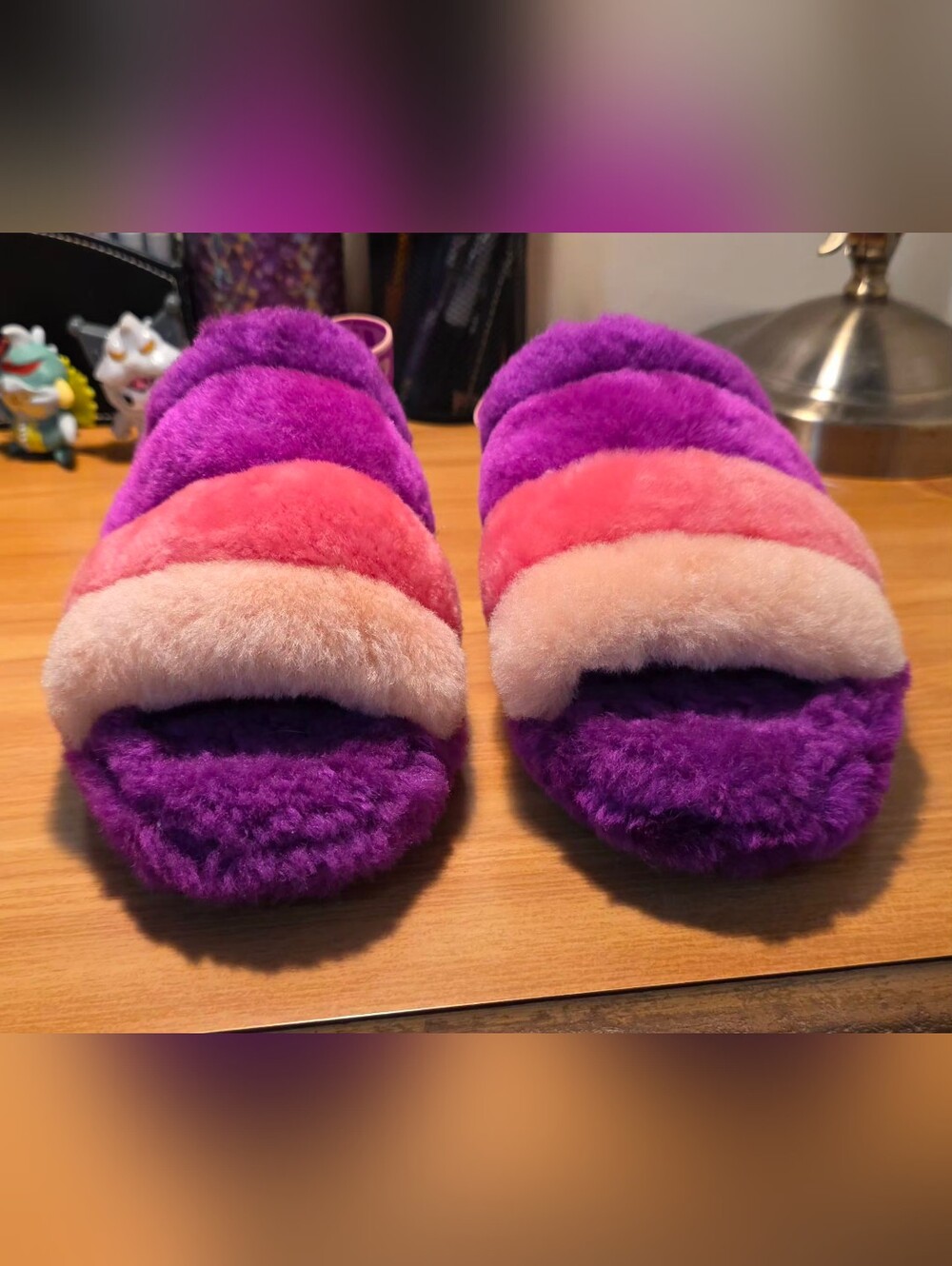 UGG Plush Slide Slippers in Purple with Pink and Cream Stripes